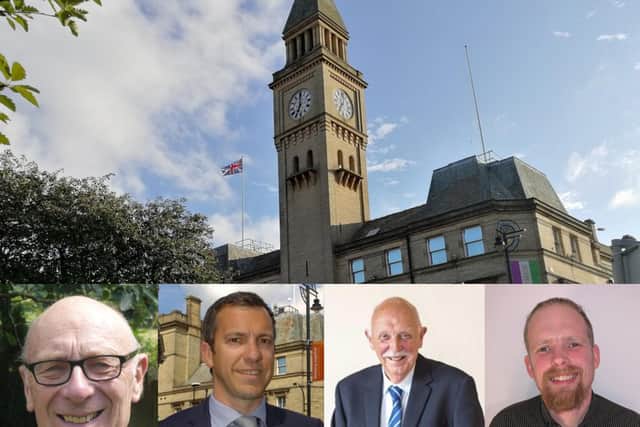 Hoping you will give their party your vote in the Chorley Council elections on 6th May - Colin Grunstein, chair of Chorley Liberal Democrats; Alistair Bradley, Labour leader of Chorley Council; John Walker, Conservative opposition group leader; Andy Hunter-Rossall, Chorley Green Party