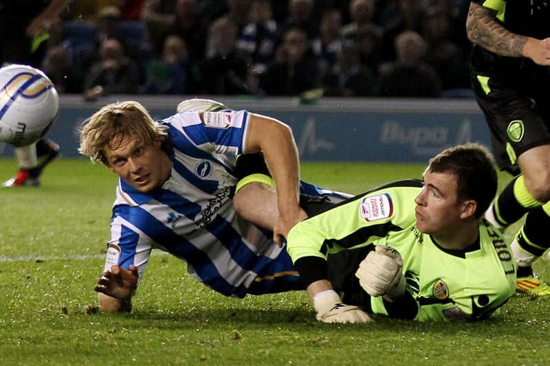 Brighton's Craig Mackail-Smith clashes with Leeds United goalkeeper Andy Lonergan.