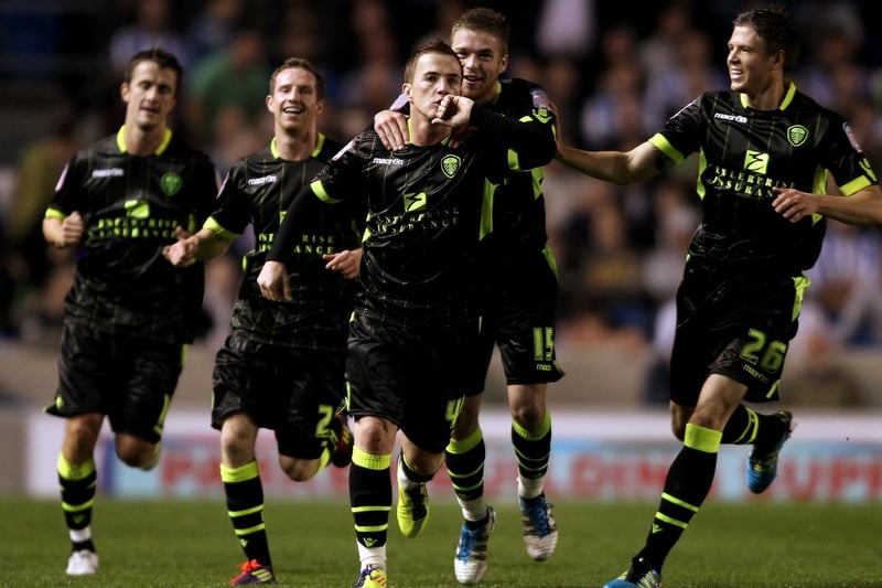 Ross McCormack and his teammates celebrate his last gasp injury time goal which rescued a point for the Whites.