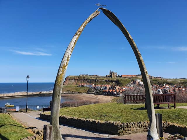 The Whalebone Arch and Whitby Abbey in the background.