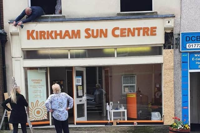 Fire has damaged part of the Kirkham Sun Centre shop front on Poulton Street