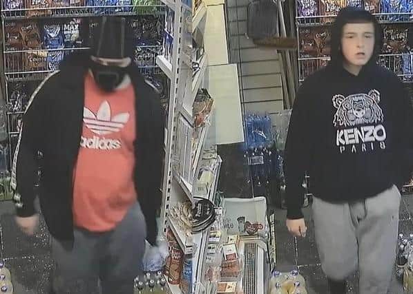 The CCTV images show two young men in a convenience shop who police believe might be linked to an armed robbery in Hawkhurst Road, Penwortham on November 28, 2020. Pic: Lancashire Police