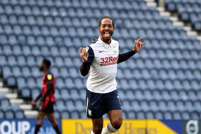 Preston North End midfielder Daniel Johnson celebrates scoring against AFC Bournemouth at Deepdale