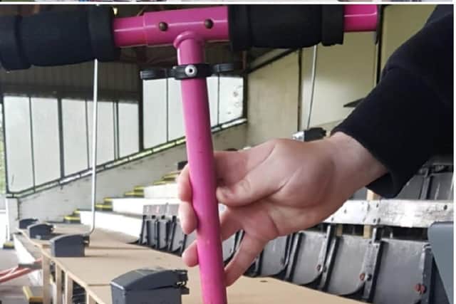 The pink metal handlebars were lobbed onto the pitch at Victory Park shortly after Chorley FC's under-21 side kicked off a friendly with Blackpool's Squires Gate FC at 7.30pm. Pic: Lancashire Police