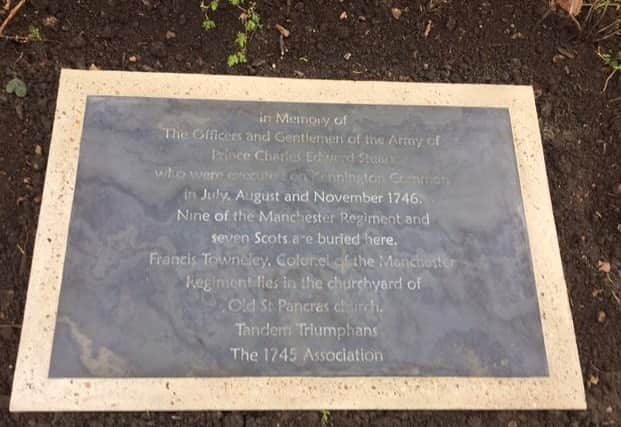 Plaque to the memory of Col Towneley and the members of the Manchester Regiment buried in St George’s Gardens in London