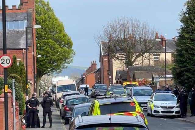 Police at the scene in Devonshire Road, Chorley yesterday (Wednesday, April 28). Pic: Rachel Waddington