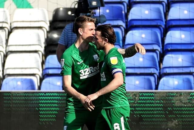 Alan Browne is congratulated by Emil Riis after scoring PNE's winner against Coventry