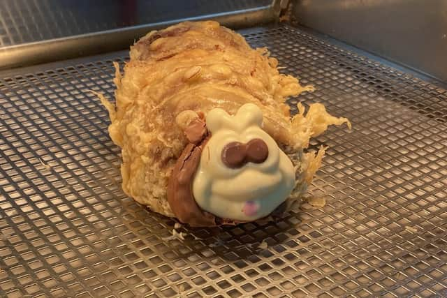 Colin the Caterpillar cake after it was deep fried at Emmanuel's in East Kilbride