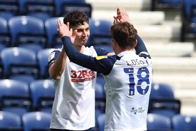 Jordan Storey is congratulated by Ryan Ledson after scoring against Barnsley