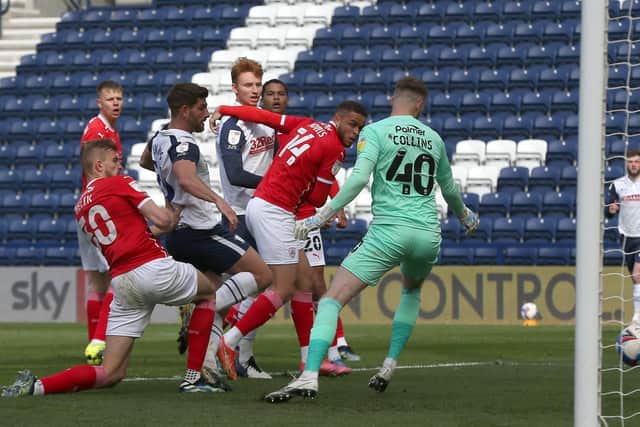 Ched Evans scores PNE's second goal against Barnsley