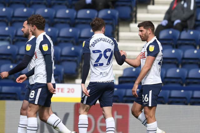 Tom Barkhuizen and Ched Evans celebrate Preston North End's second goal against Barnsley at Deepdale