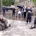 James kneeled at the memorial in the Flag Market on Sunday