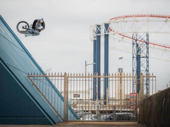 Stunt riders Danny MacAskill and Kriss Kyle show off their skills around Blackpool for their new video This and That. Pictures: Dave Mackison