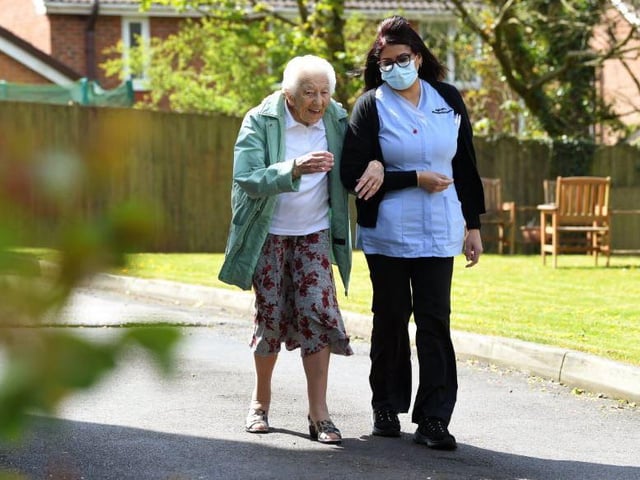 Marjorie with Pam, on an outdoor walk at Highcliffe, Chorley