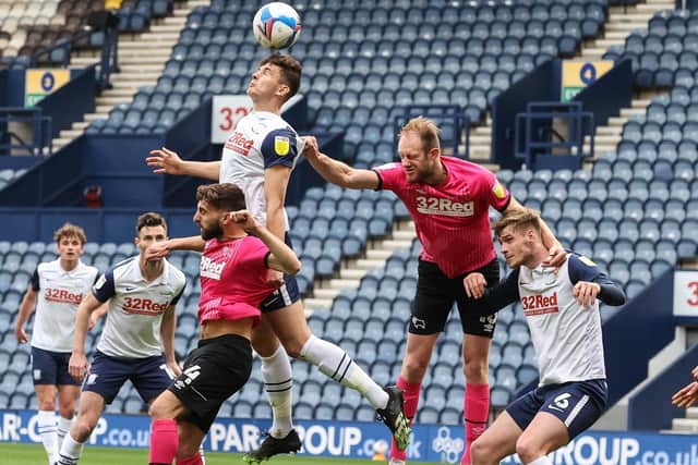 Jordan Storey flicks the ball on in PNE's win over Derby at Deepdale