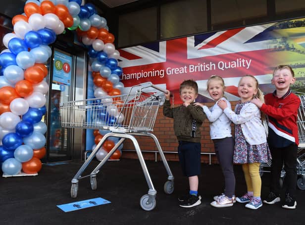 Little shoppers James, Ava, Dorothy, and Harry were invited to the new Leyland Aldi in School Lane when it opened its doors for the first time, photo by Neil Cross.