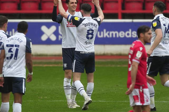 Tom Bayliss is congratulated by Alan Browne after scoring PNE's equaliser at Nottingham Forest