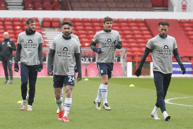 North End players warmed up in ‘Gentry Day 2021’ T-shirts