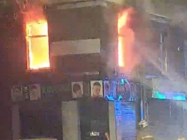 In a video shared with Lancashire Post, a ferocious blaze can be seen raging in the flat above Adams' hair salon in New Hall Lane on Saturday night (May 8)