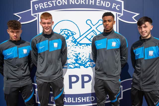Preston North End's new professionals - Jacob Holland-Wilkinson, Oliver Lombard, Joe Rodwell-Grant and Lewis Coulton        Pic courtesy of PNE