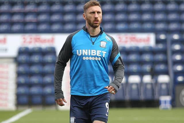 Louis Moult in the warm-up ahead of PNE's game against Brentford in April