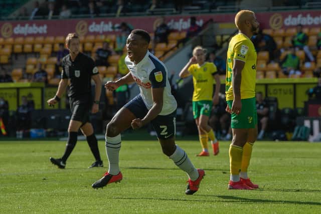 Darnell Fisher scores for Preston North End against Norwich at Carrow Road