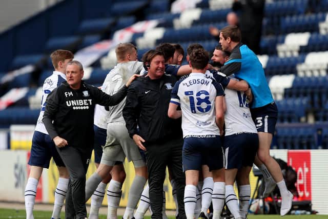 Frankie McAvoy celebrates a dramatic end to his first game as PNE's interim head coach