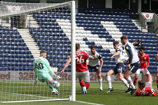 Jordan Storey scores PNE's first goal against Barnsley at Deepdale on May 1