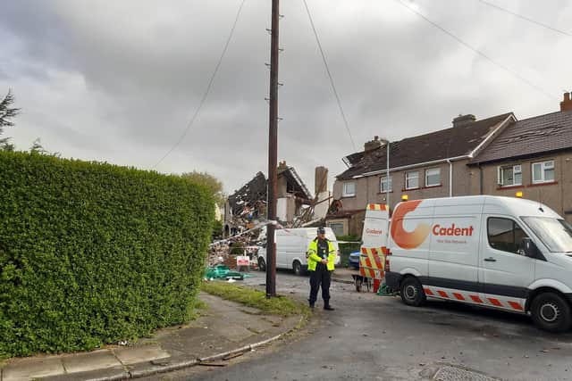 The scene of a suspected gas explosion on Mallowdale Avenue in Heysham in which a child died and four people were injured. Picture by Debbie Butler.