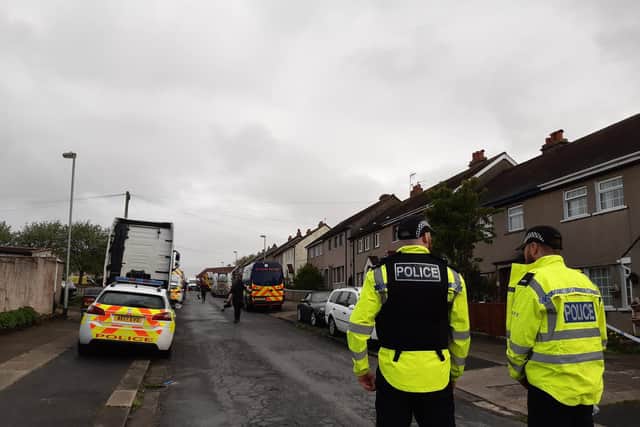Emergency services at the scene of a suspected gas explosion on Mallowdale Avenue in Heysham. Picture by Debbie Butler.