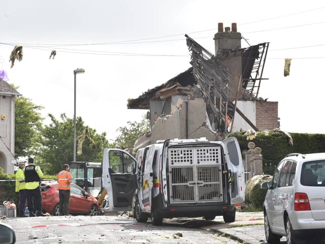 The explosion site in Mallowdale Avenue on Sunday.