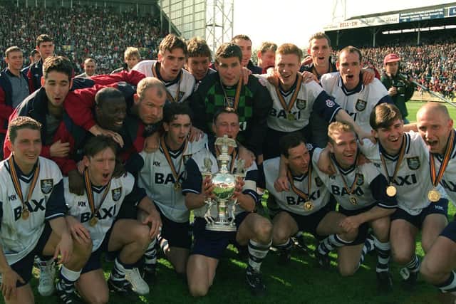 Preston North End celebrate their 1995/96 Third Division title win at Deepdale in May 1996