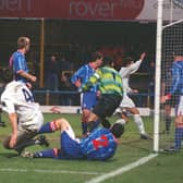 Ryan Kidd (No.4) scores Preston North End's winner at Chesterfield in January 1999