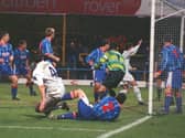 Ryan Kidd (No.4) scores Preston North End's winner at Chesterfield in January 1999