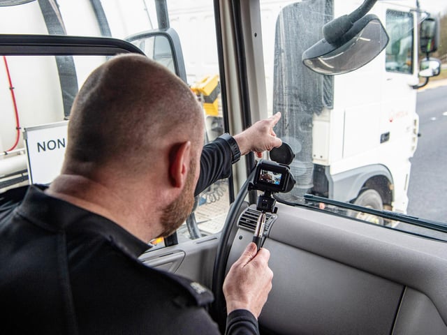 Police officers use the elevated position in an unmarked HGV cab to spot drivers committing motoring offences, such as using mobile phones. The cabs will be patrolling the M6 through the region this week. Pictures courtesy Highways England
