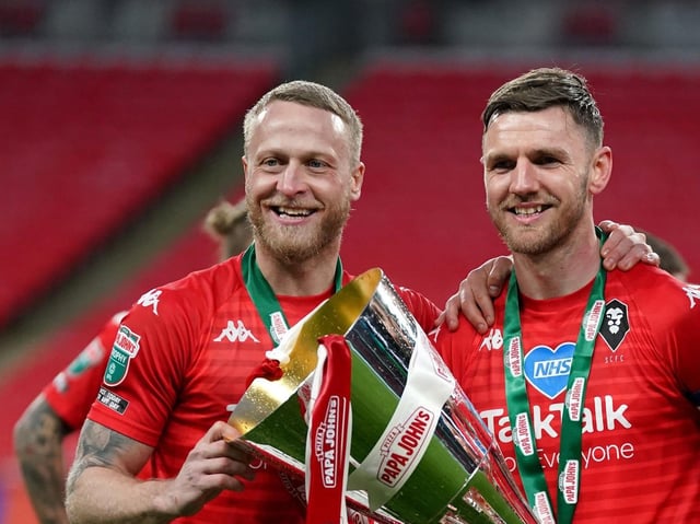 Former PNE skipper Tom Clarke with Salford team-mate Ash Eastham at Wembley