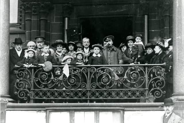 Private William Young VC's homecoming on the balcony at Preston Town Hall, April 19,1916