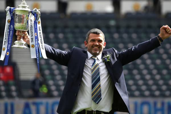 St Johnstone manager Callum Davidson celebrates with the Scottish FA Cup