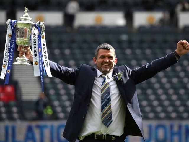 St Johnstone manager Callum Davidson celebrates with the Scottish FA Cup