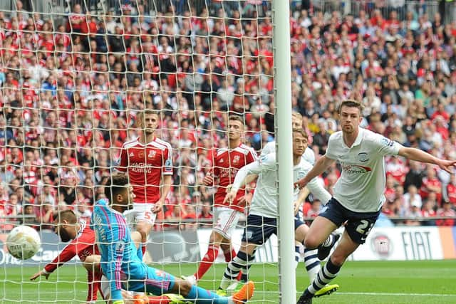 Paul Huntington scores PNE's second goal against Swindon at Wembley