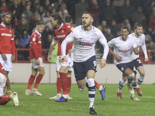 Louis Moult scores Preston North End's winner at Nottingham Forest in December 2018