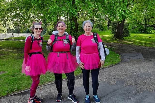 Carol, Susan and and Sheralee tackled the 26-mile walk in pink tutus and fairy wings