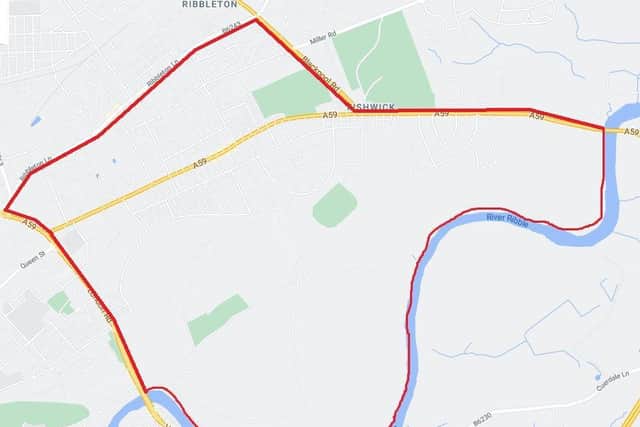 A map of the area covered by last night’s dispersal order which covered London Road, Ribbleton Lane, Blackpool Road, the A59 and Avenham and Miller Parks