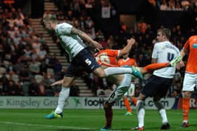 Tom Clarke heads Preston North End's winner against Blackpool in August 2013