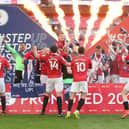 Morecambe players celebrate at Wembley (Photo: Rob Newell/CameraSport)