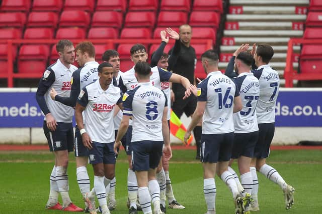 Preston North End players celebrate their winner against Nottingham Forest on the final day of the season