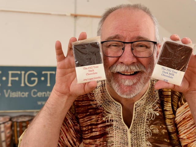 Bruce Crowther pictured with the Fair Trade bean to bar chocolate made by The FIG Tree (photo: Neil Cross)