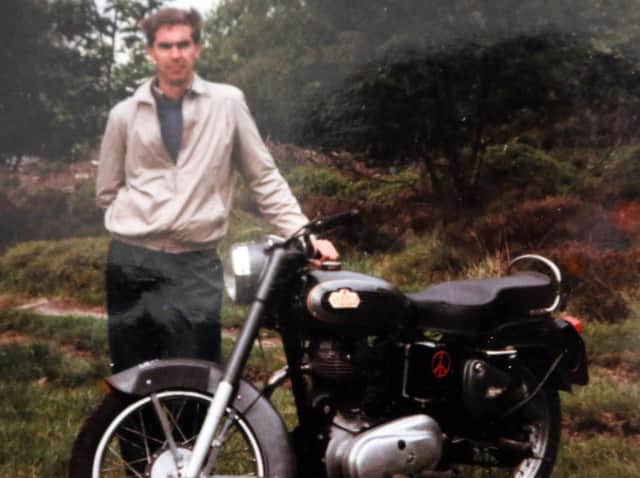 Michael with his Royal Enfield Bullet at the end of his 4,000-mile bike ride from India to the UK in 1980.