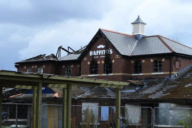 The former Baffito's restaurant at Preston Docks, pictured hours after a second blaze at the site in April 2021