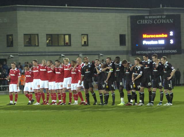 Morecambe and Preston North End players during the penalty shoot-out at the Globe Arena in October 2011